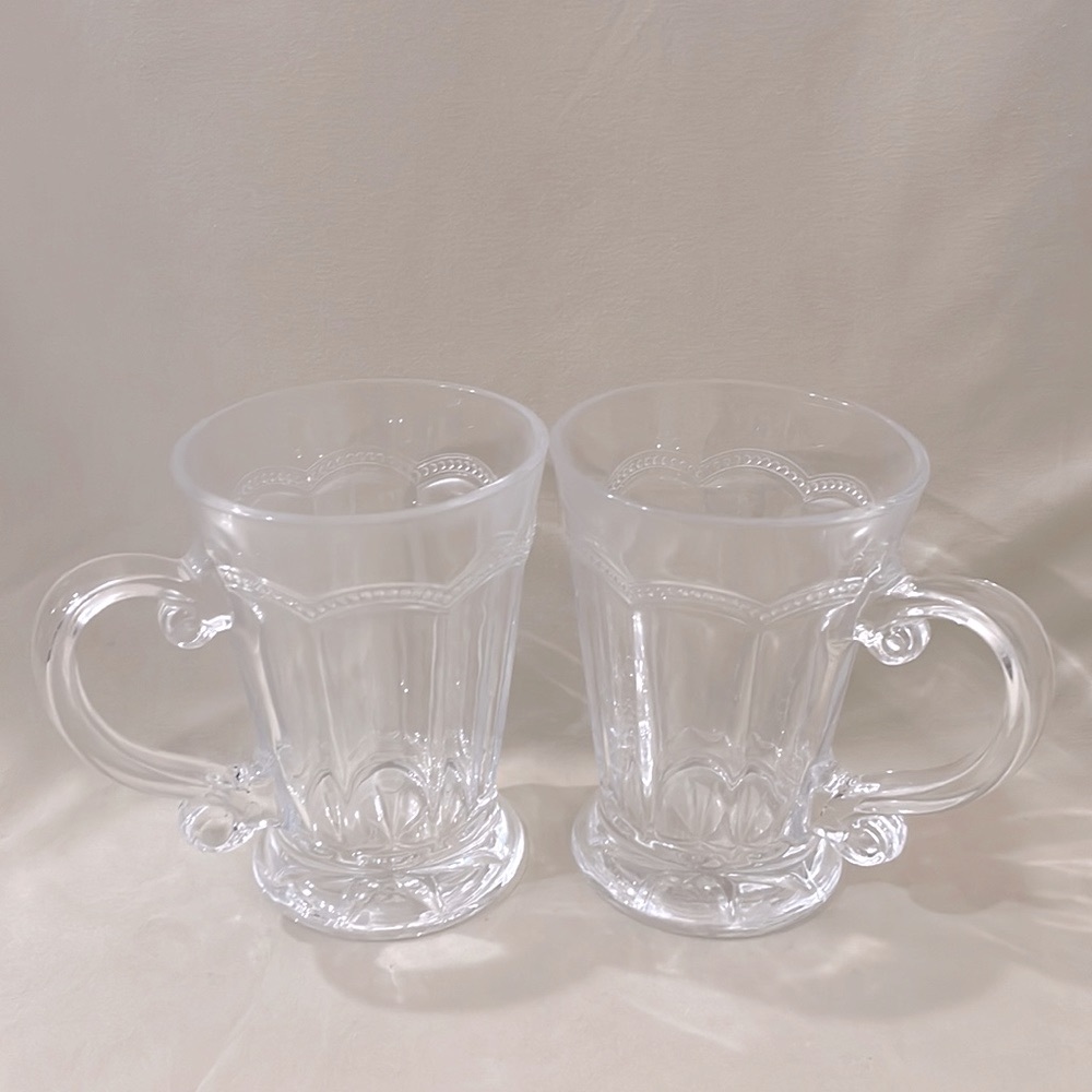Set of 2 Vintage Glass Mugs Fleur De Lis Crystal Clear with Handle - W1125